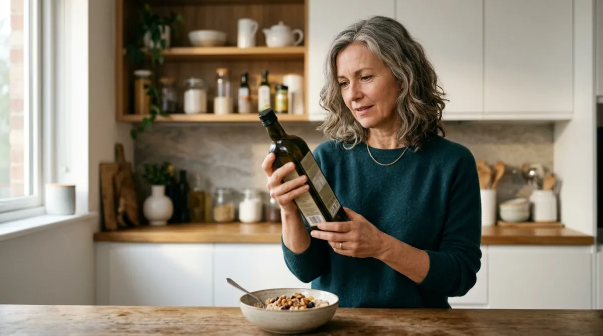 A woman in her 50s reading an olive oil bottle in her kitchen, wondering why her cholesterol changed on the same diet